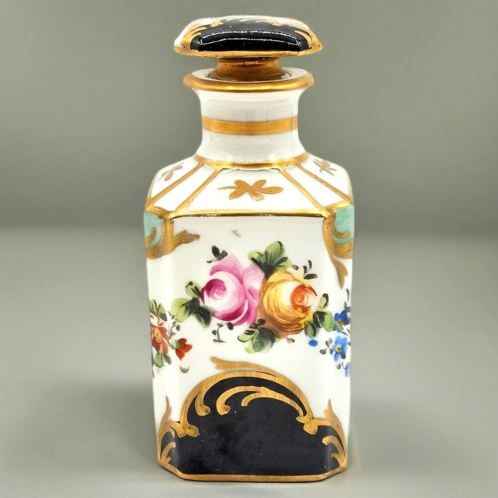 Antique French Porcelain Perfume Bottle Hand Painted Floral Gold Trim Hex Jar